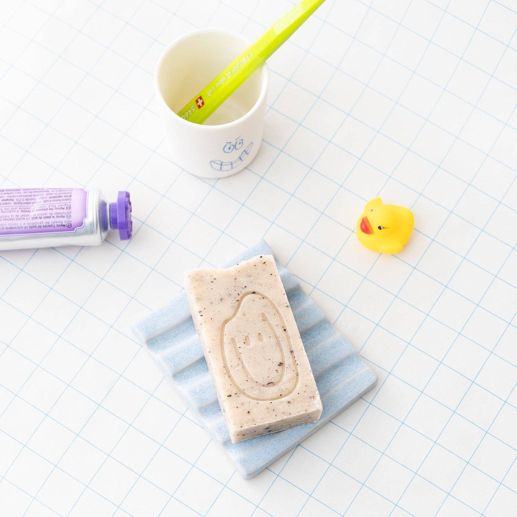 Soap on blue soap tray