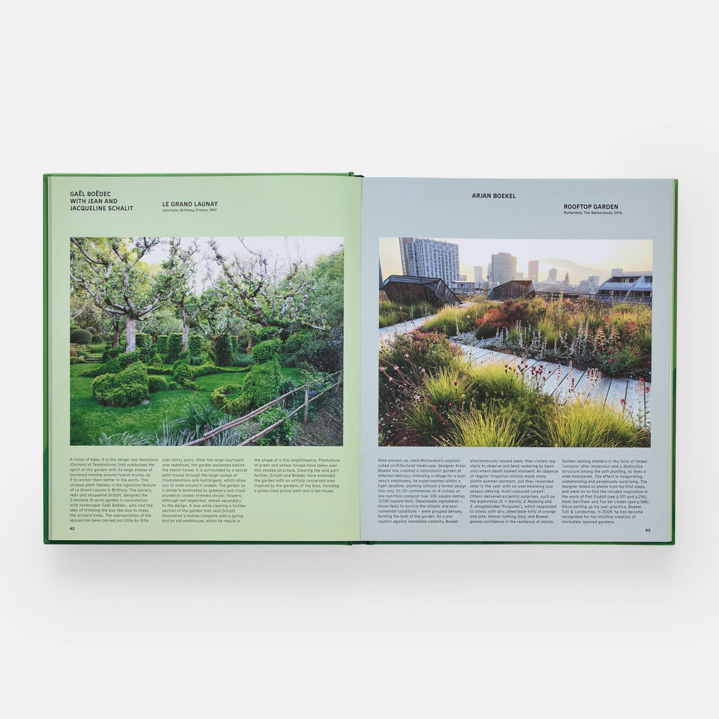 Open book showing two garden images on a white background