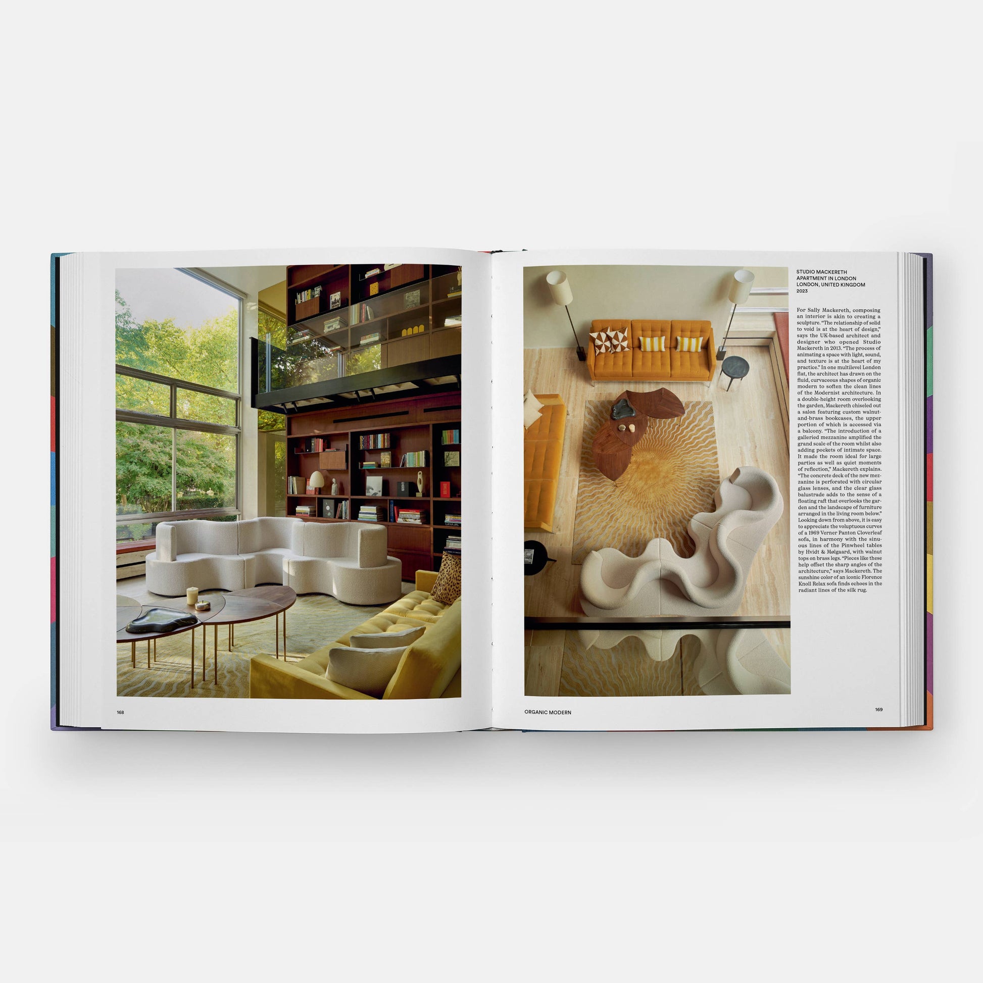 Open book showing interior design images with furniture and decor.