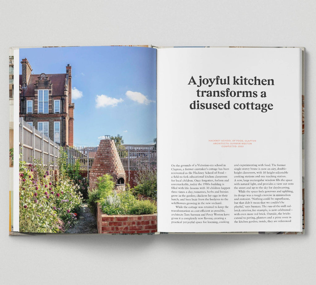 Open book showing a photograph of a garden and text about a kitchen transformation.