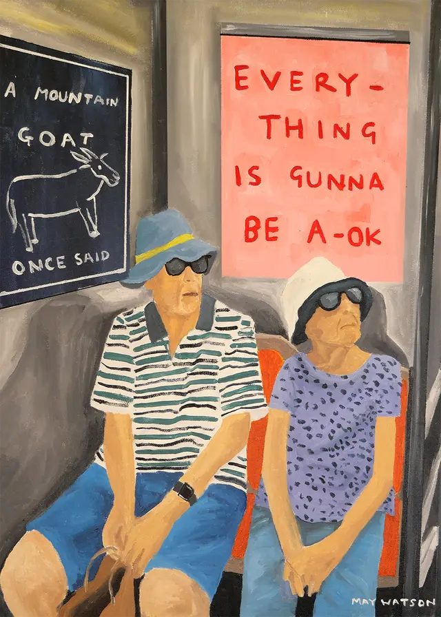 Two people sitting on a bench with a sign above them and a chalkboard with a drawing of a mountain goat.
