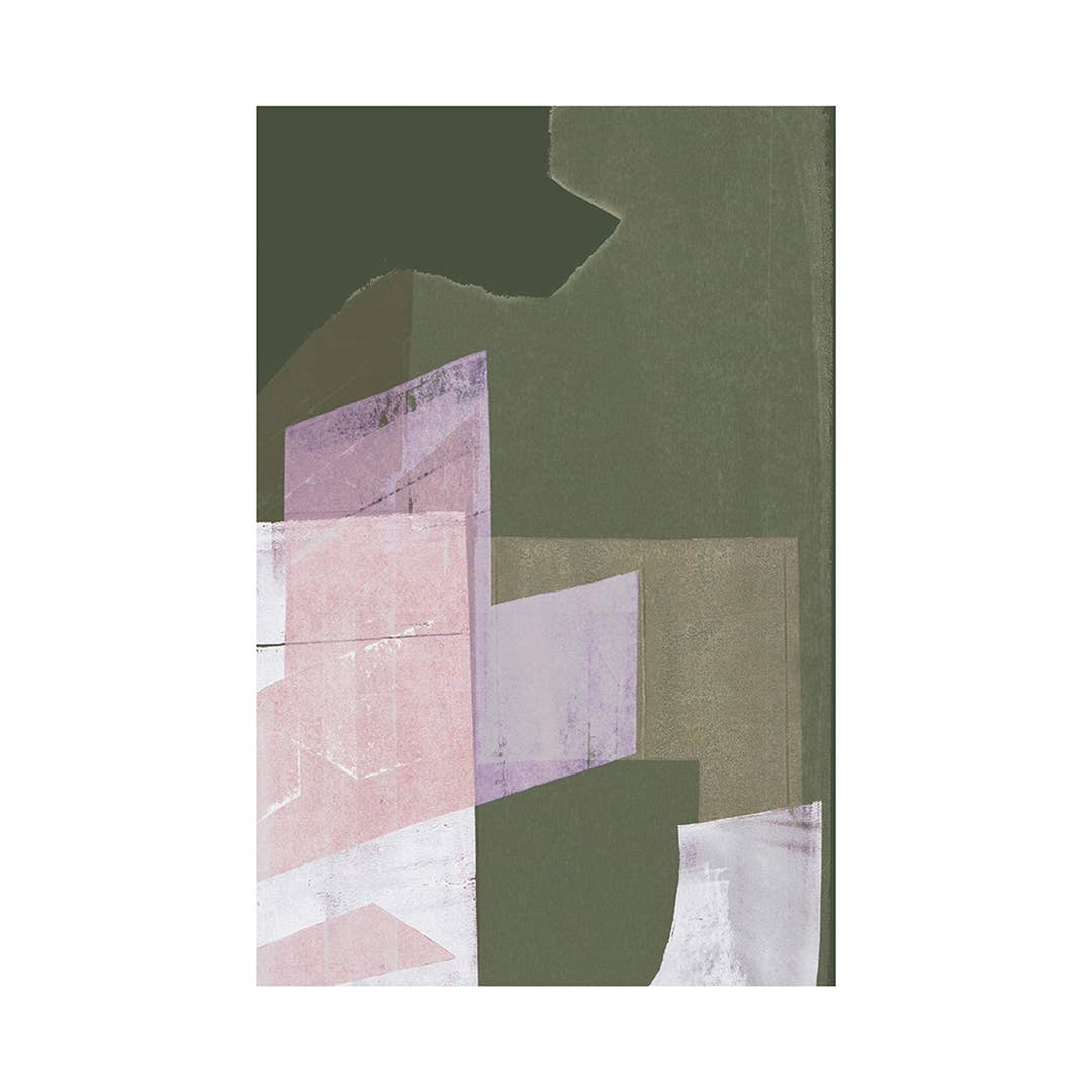 Abstract art piece with geometric shapes in green, pink, and white on a white background