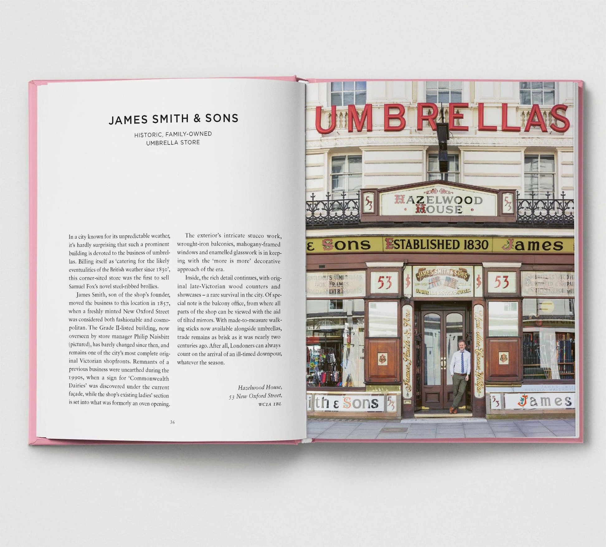 Open book showing a page with text and an image of a store front.