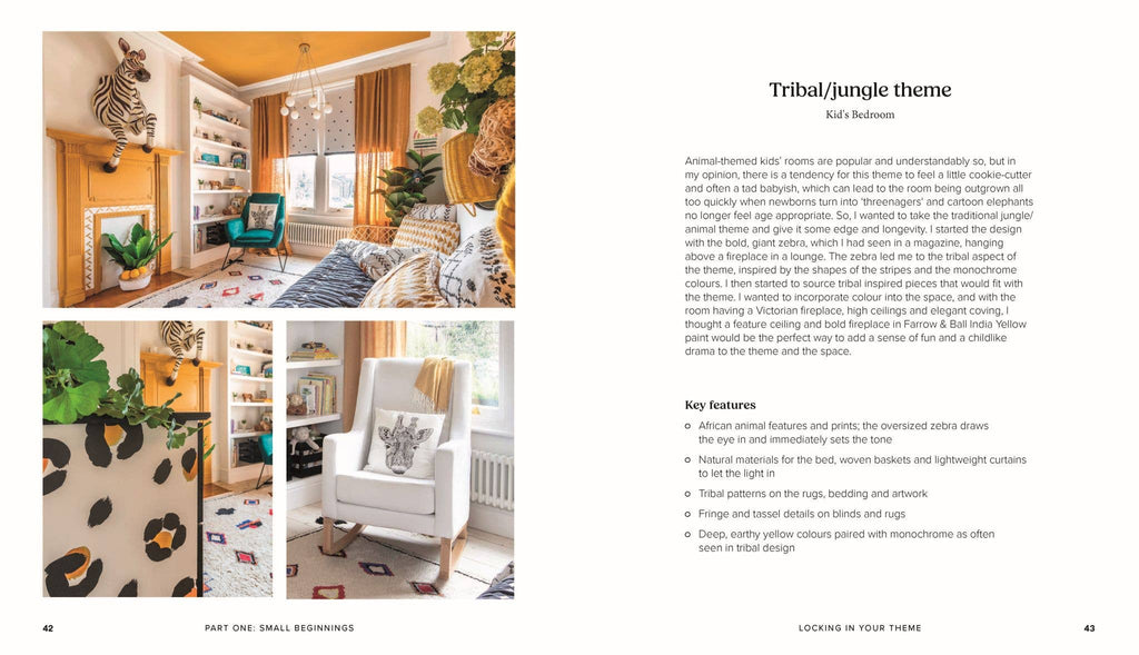 Room with tribal/jungle theme decor, featuring furniture and decor elements.