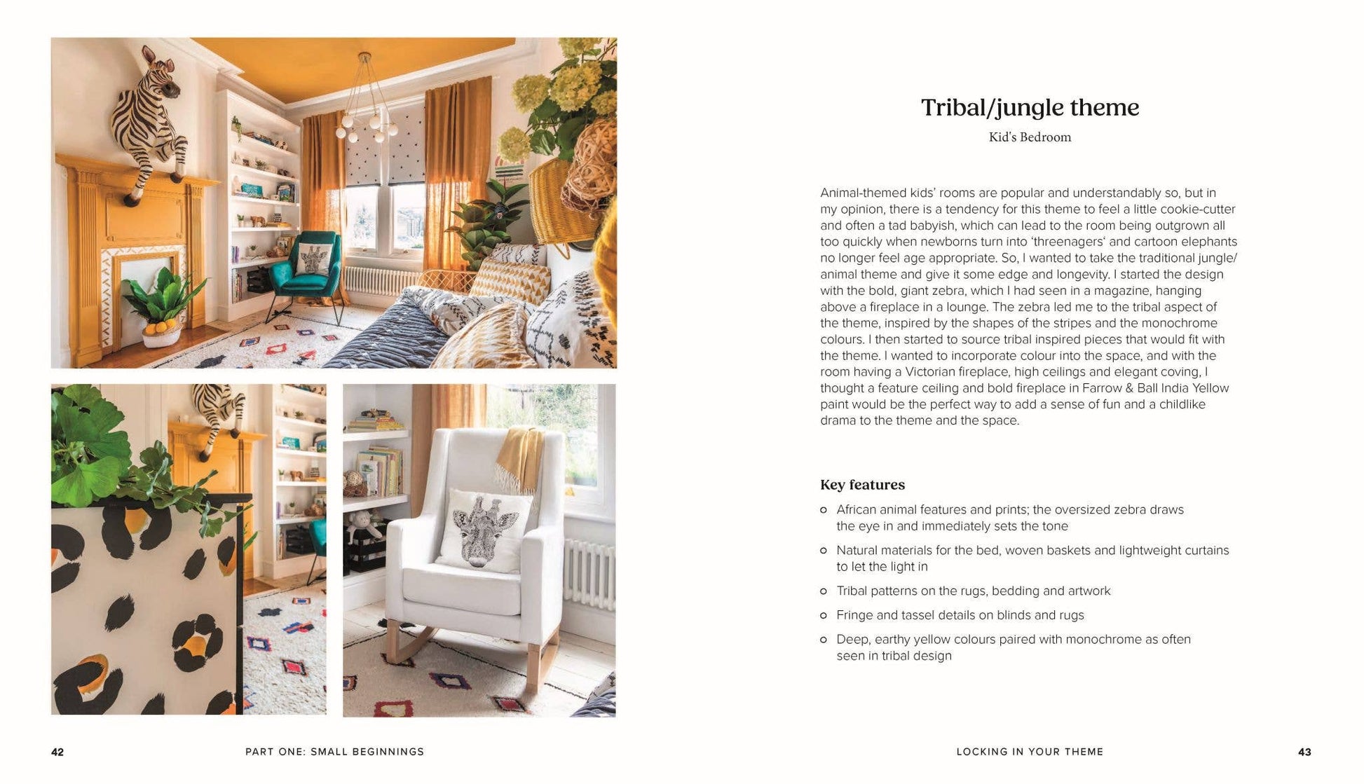 Room with tribal/jungle theme decor, featuring furniture and decor elements.