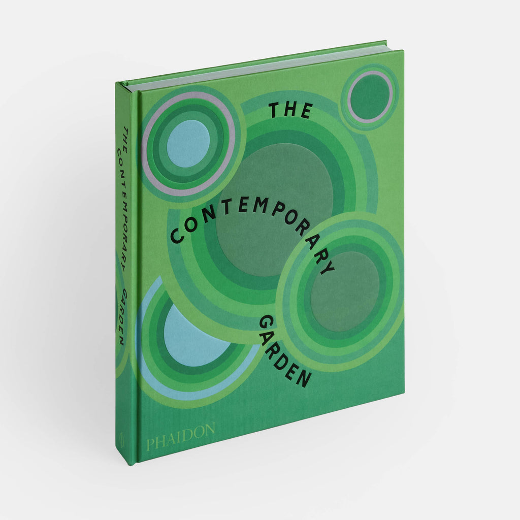 Green book titled 'The Contemporary Garden' by Phaidon on a white background