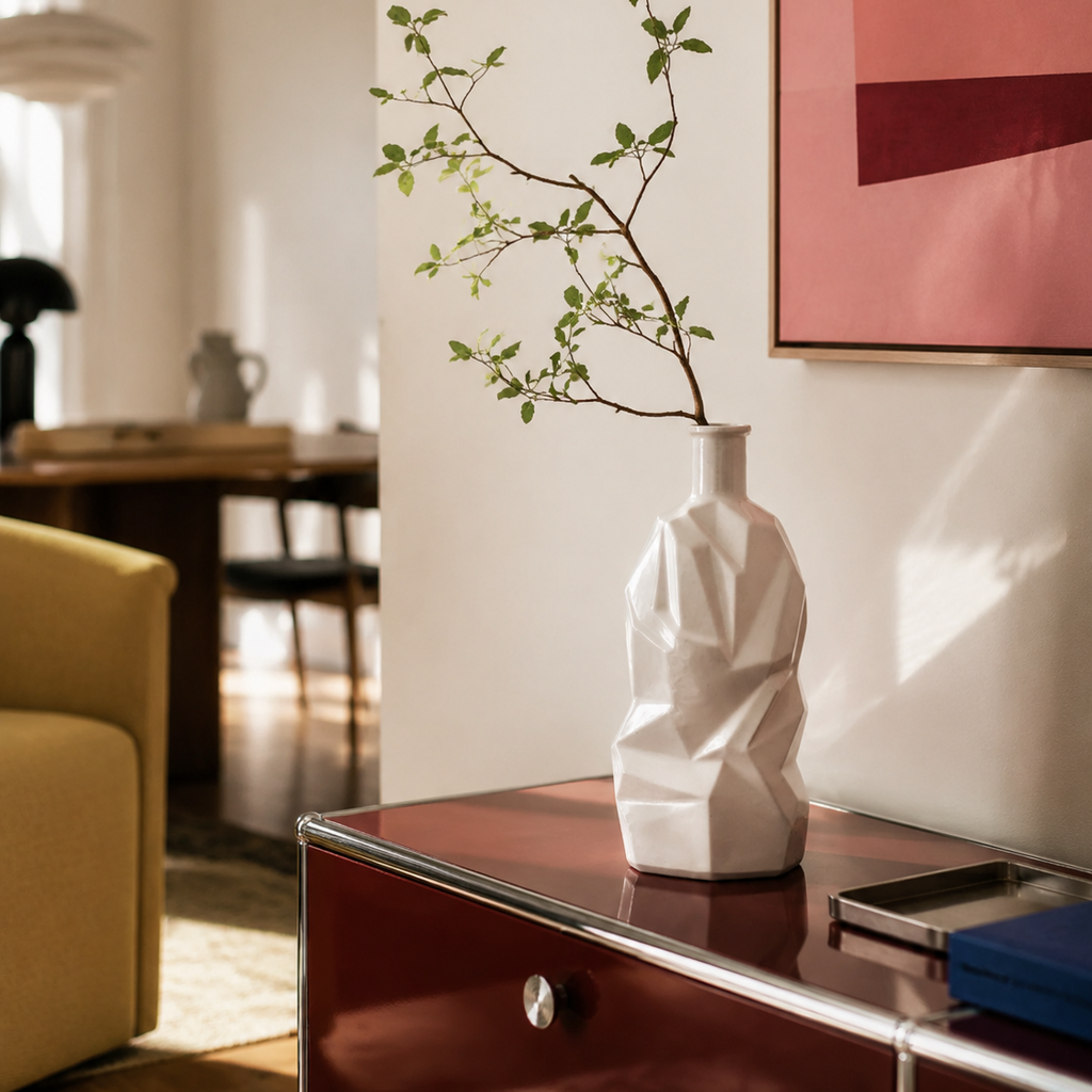 A white faceted ceramic vase holding a delicate leafy branch, styled on a glossy dark red sideboard in a modern living room setting.