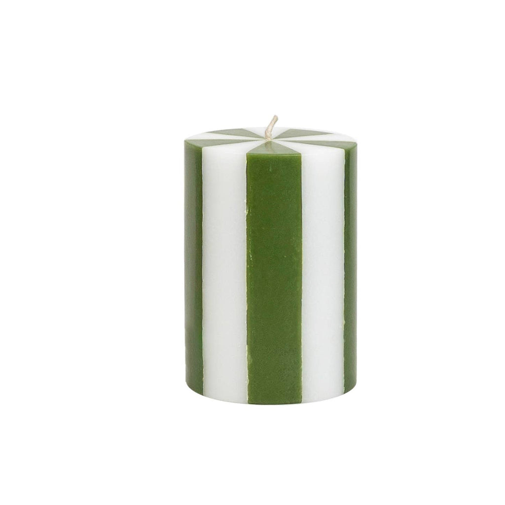 Short green stripe pillar candle