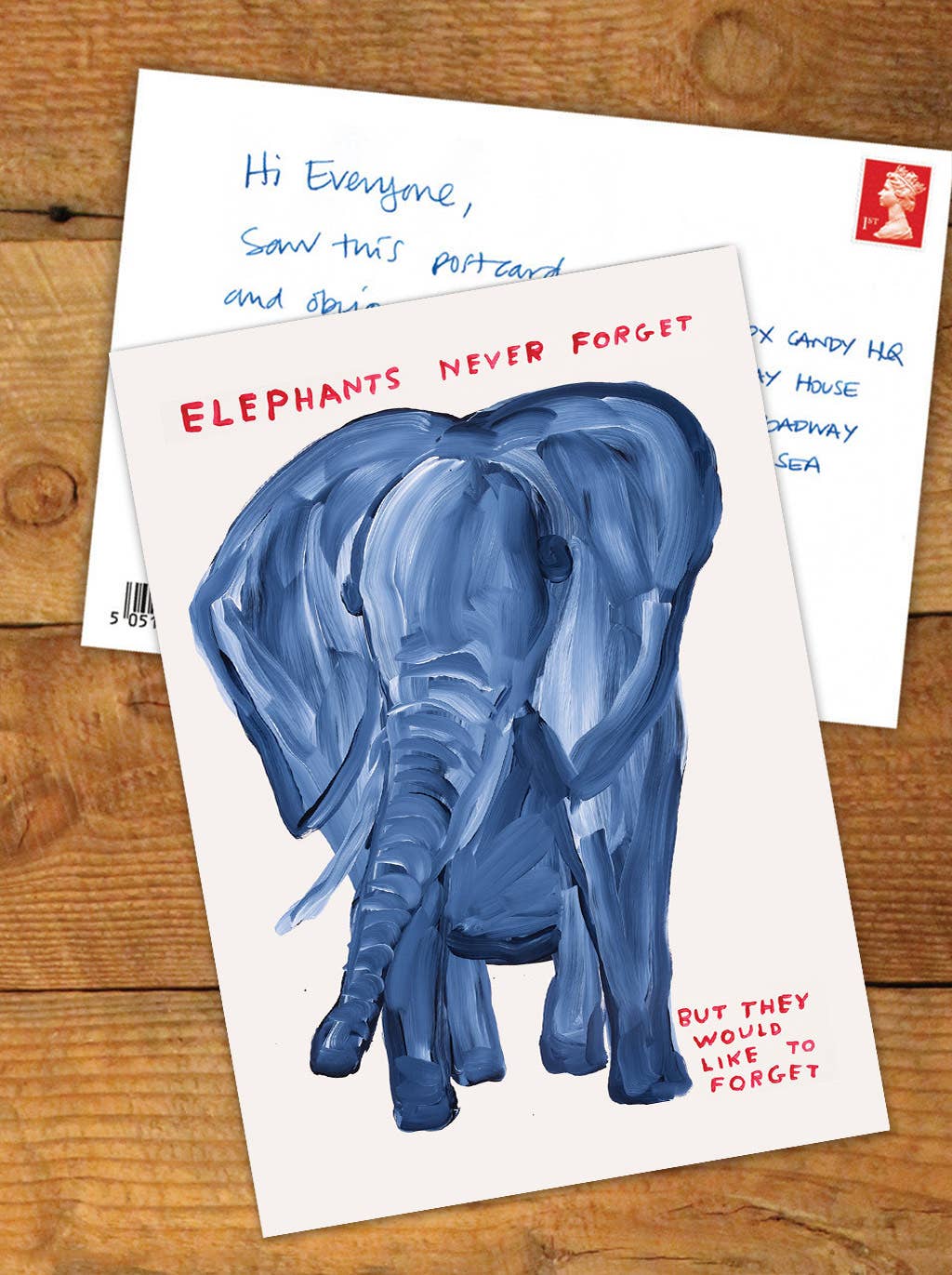 Funny A6 Art Postcard By Shrigley - Elephants Never Forget