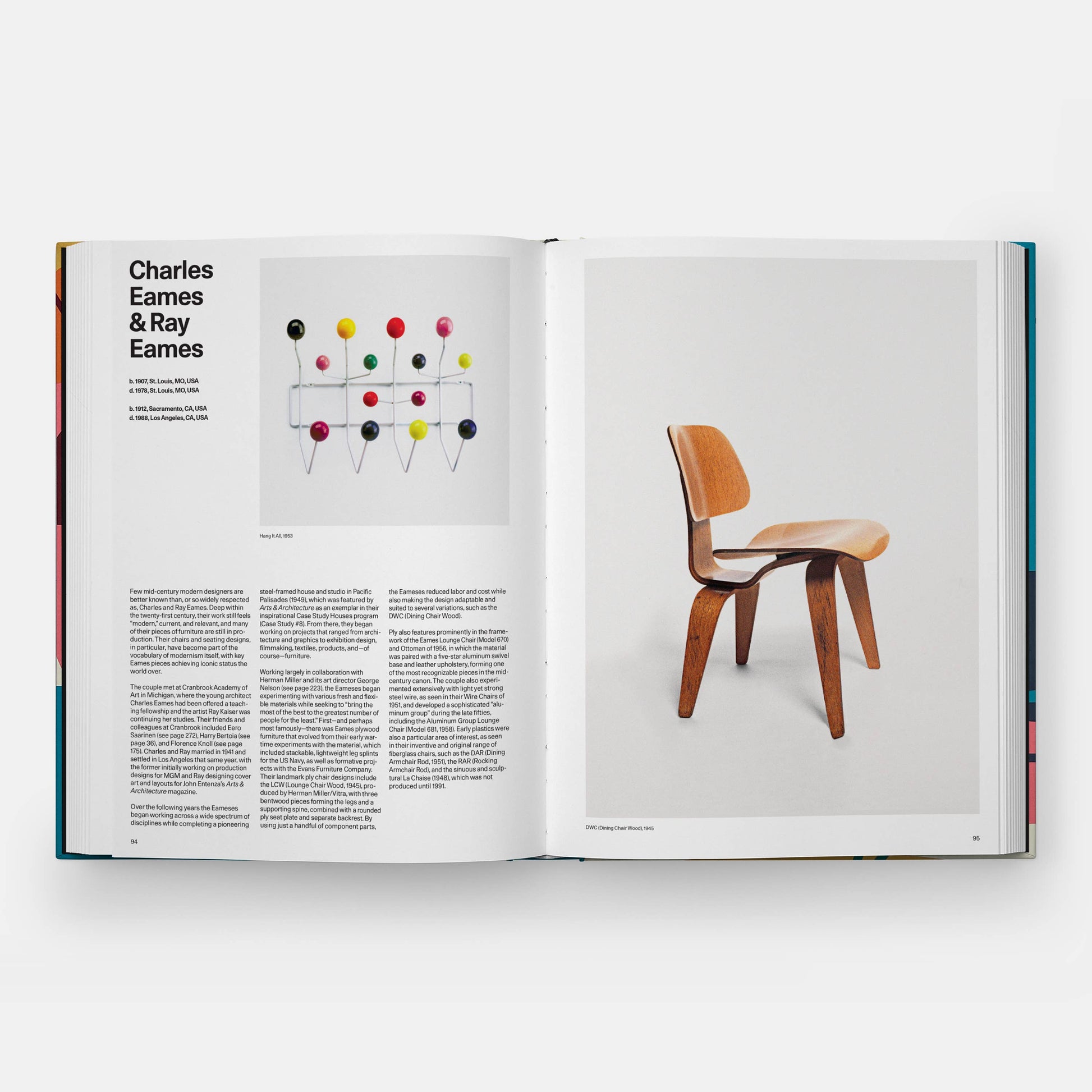 Open book showing a page about Charles and Ray Eames with a chair illustration.