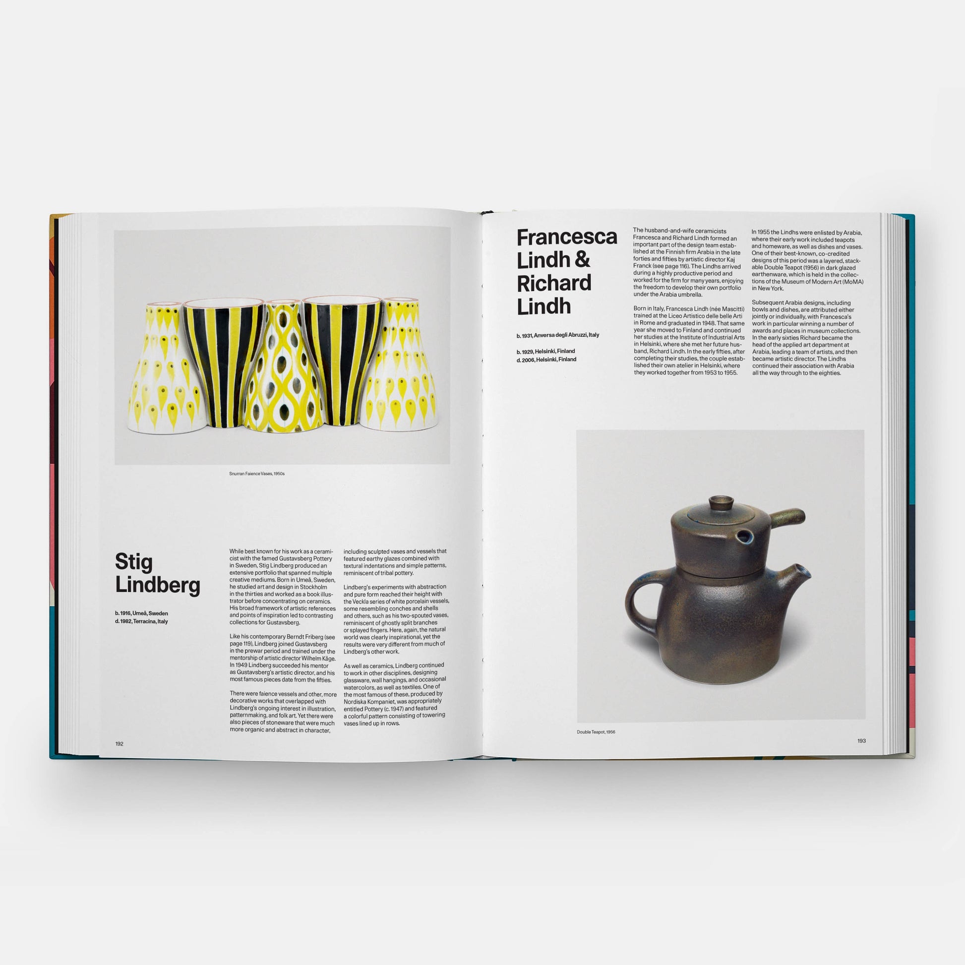Open book showing pages with images of vases and a teapot, featuring names Stig Lindberg and Francesca Lindh & Richard Lindh.