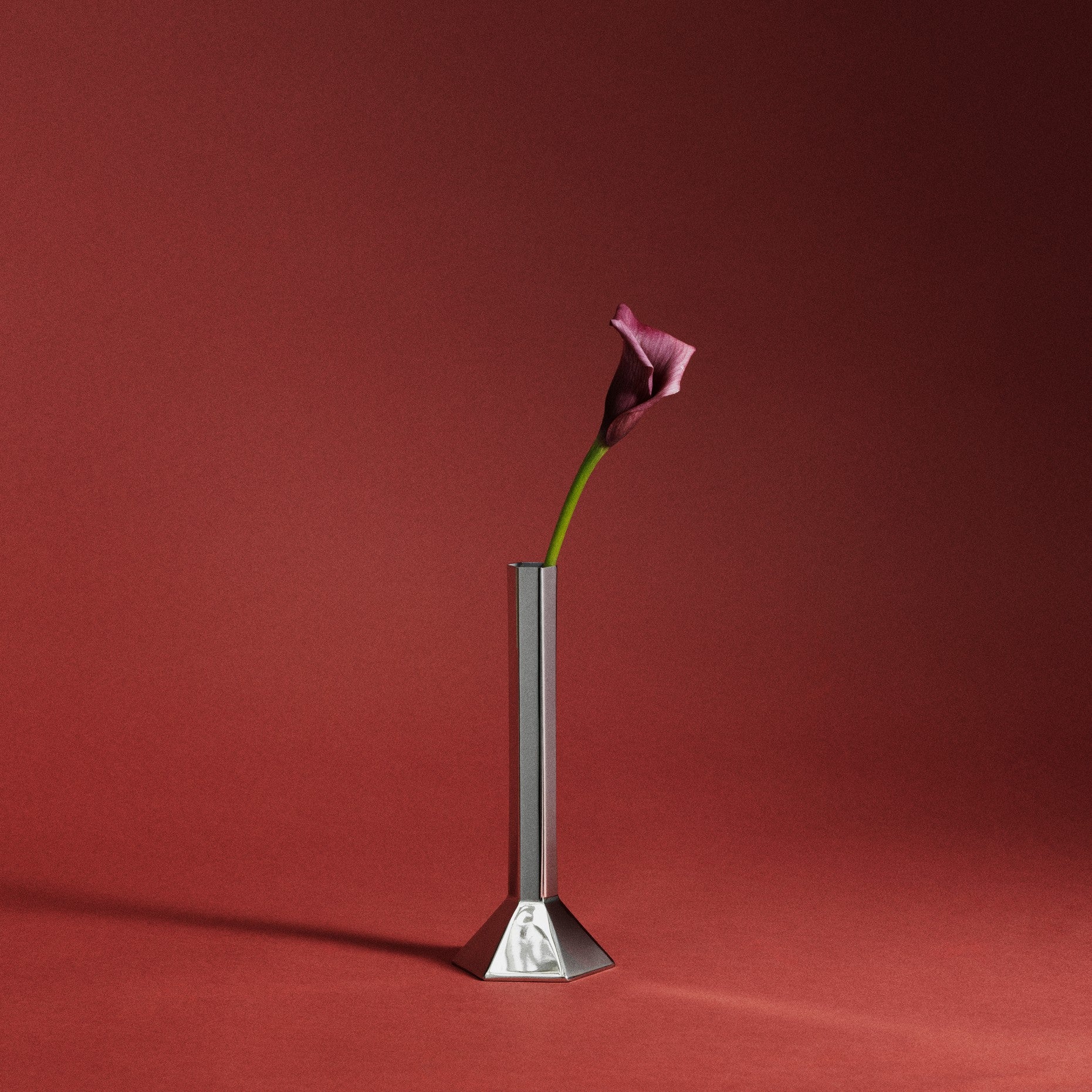 A single pink calla lily flower in a tall, single stem stainless steel vase with a geometric base, set against a solid dark red studio background.