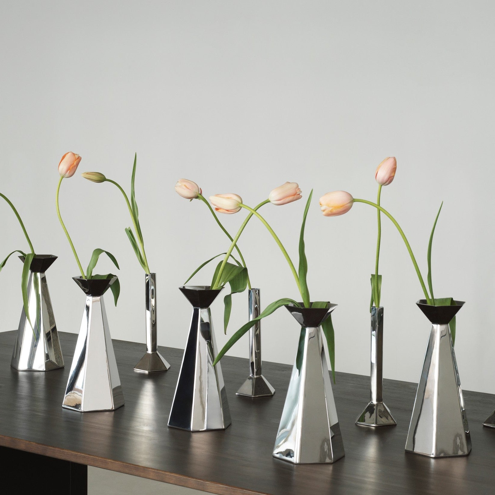 A set of mirrored stainless steel vases in different sizes holding single stem tulips set on a white background