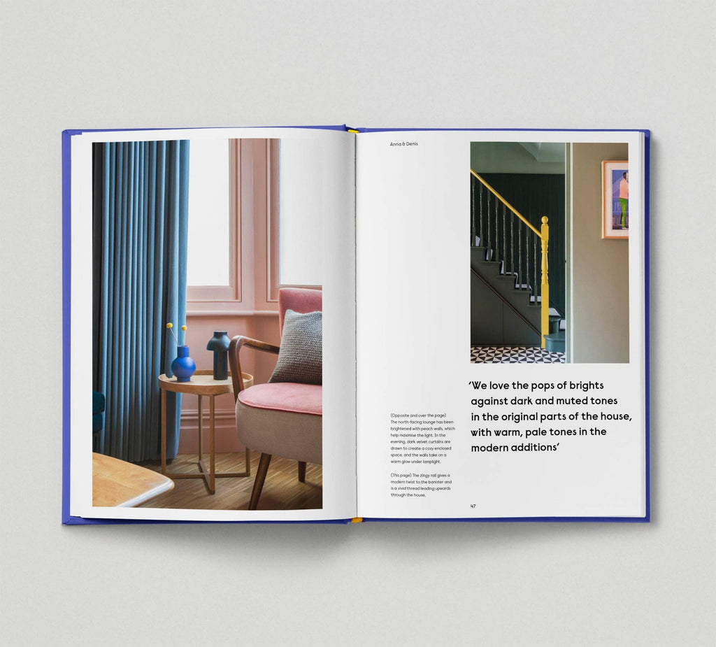 Open book showing interior design images with text on a light gray background