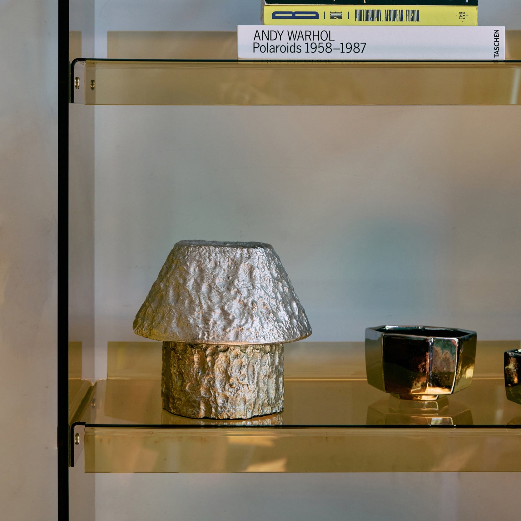 Glass shelf with decorative items including a textured lamp and books.