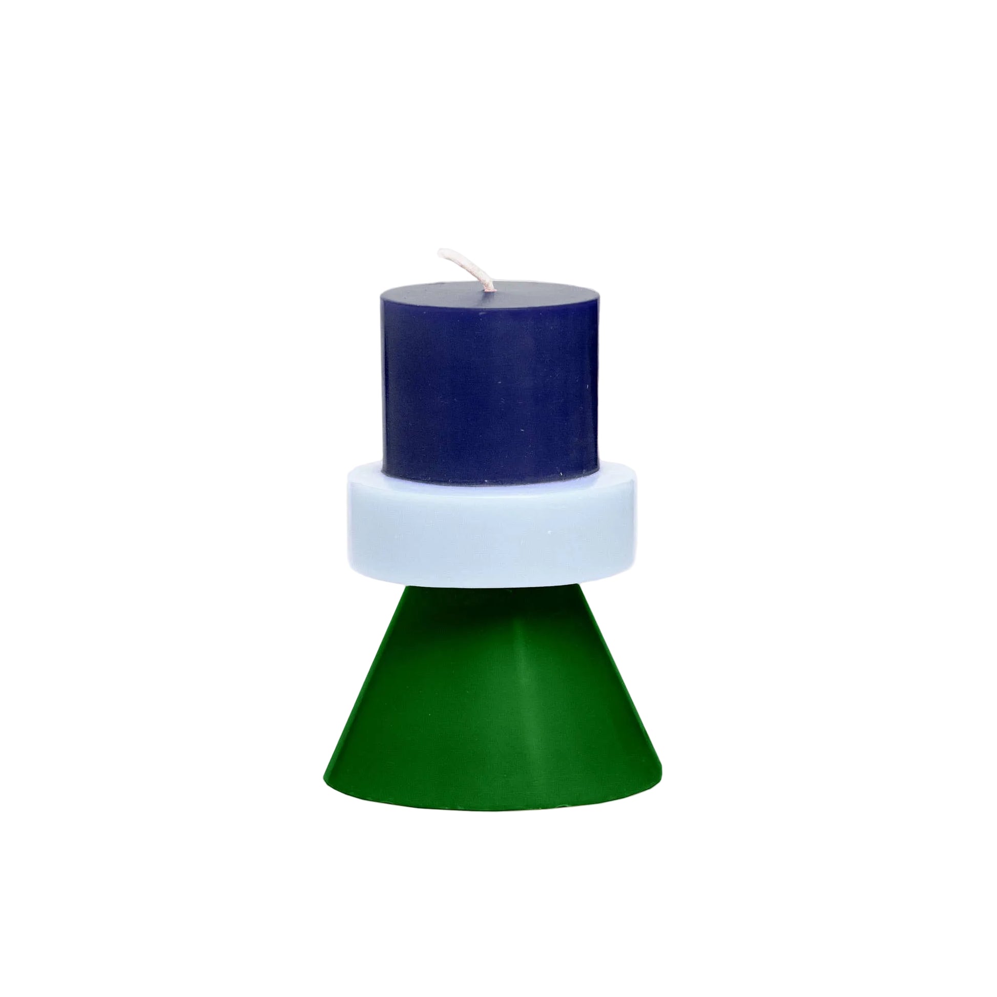 Navy blue candle on a white base with a green cone-shaped holder on a light gray background