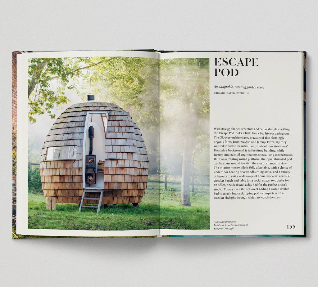 Open book showing an image of a wooden dome structure labeled 'Escape Pod' with text on a white background.