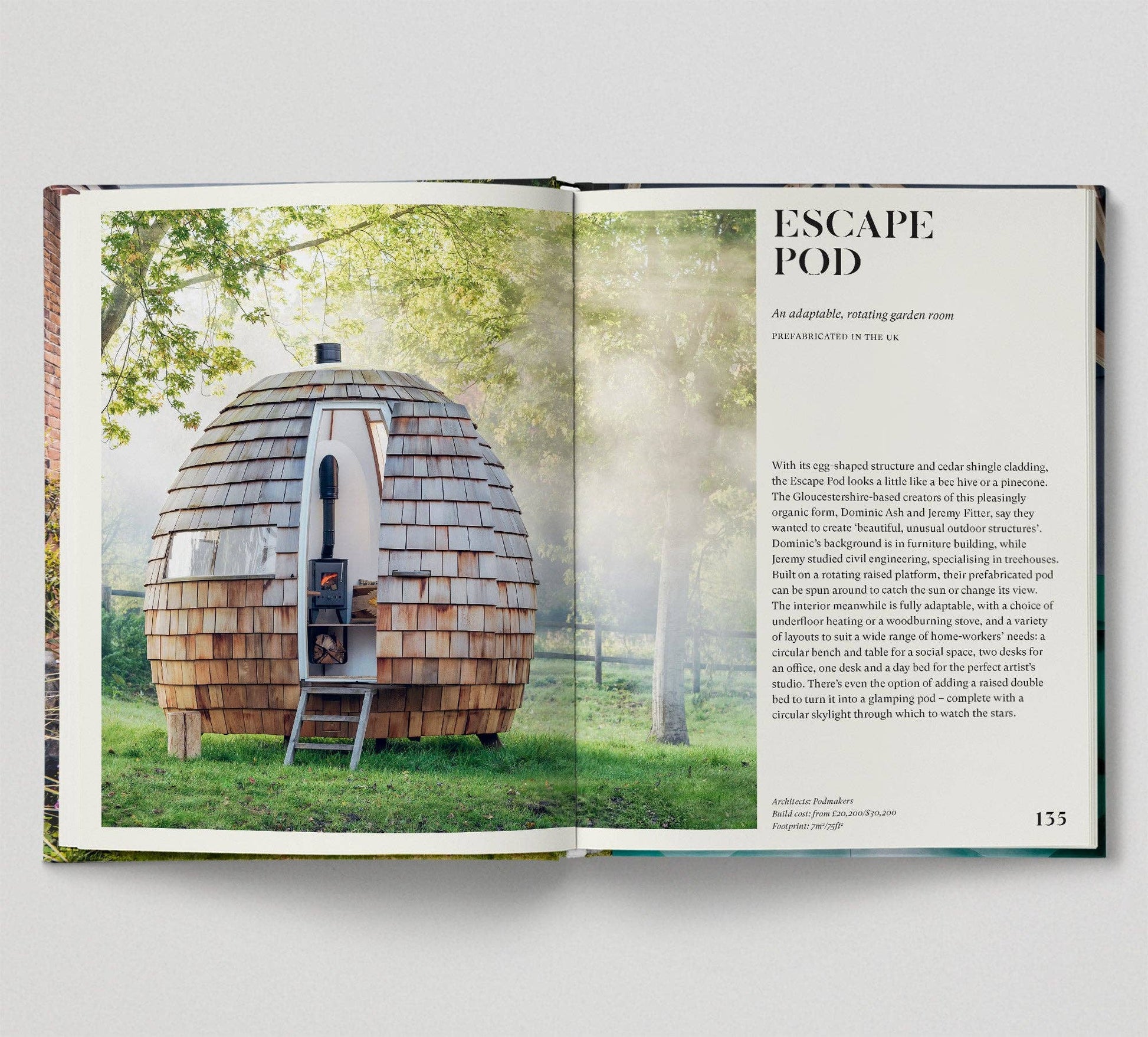 Open book showing an image of a wooden dome structure labeled 'Escape Pod' with text on a white background.