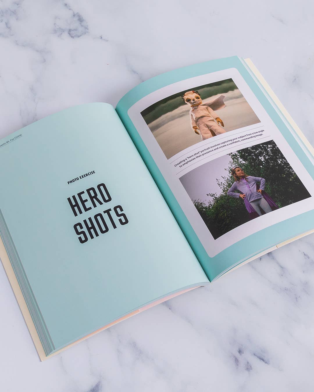 Open book titled 'Hero Shots' with images of a teddy bear and a person on a marble surface.