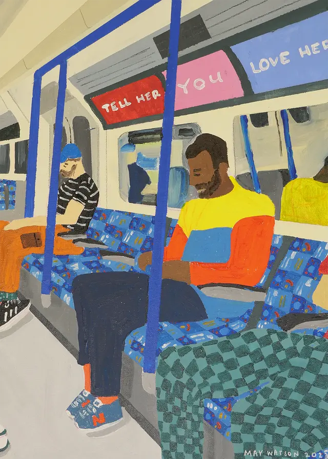 Artistic depiction of people on a subway train with colorful seats and signs.