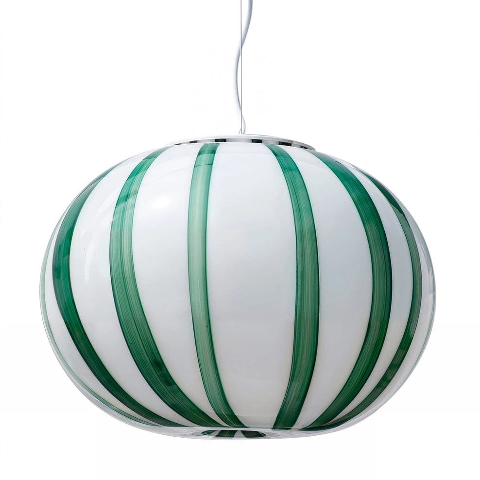 Striped pendant light with green and white stripes on a white background