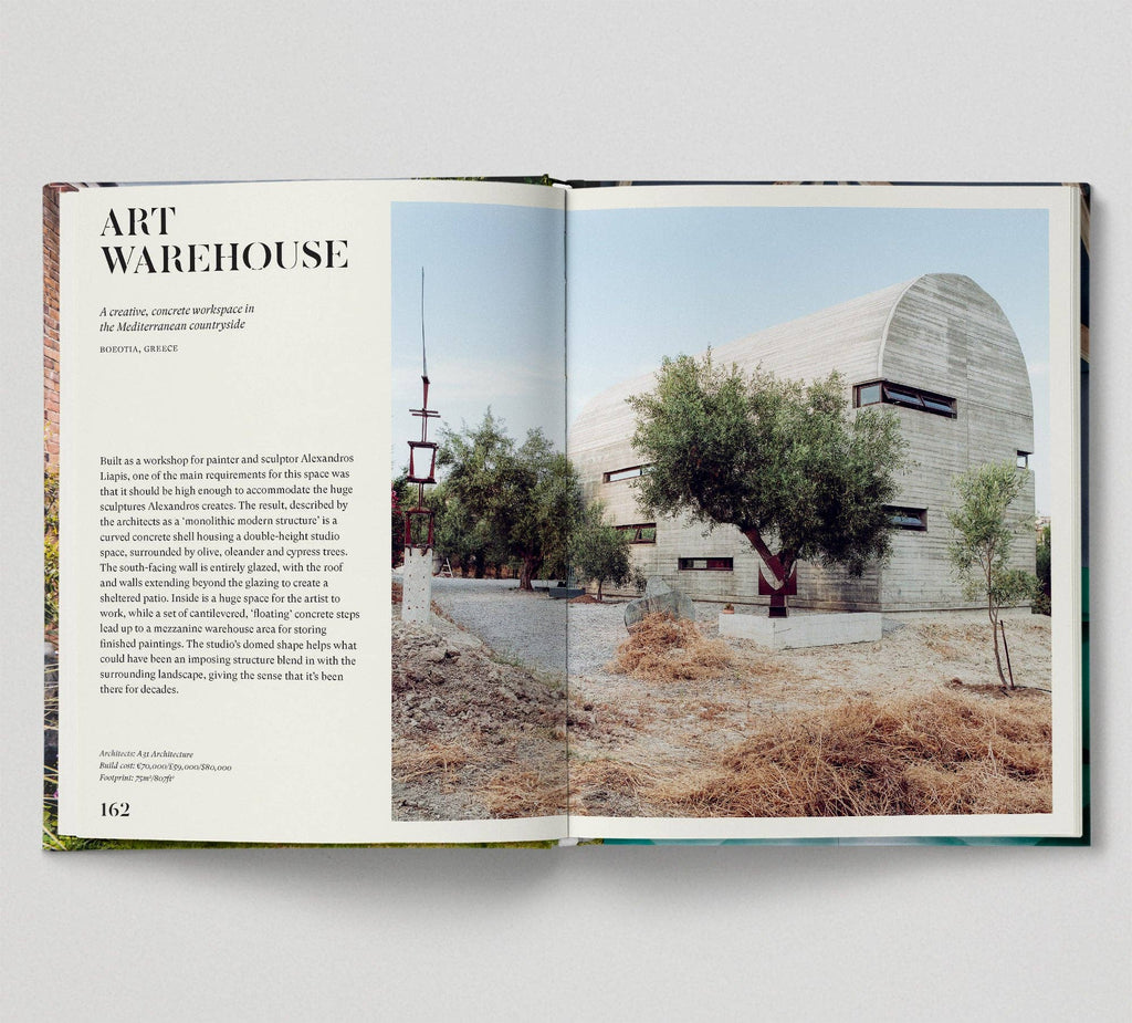 Open book showing an architectural photograph of a building with text on a white background