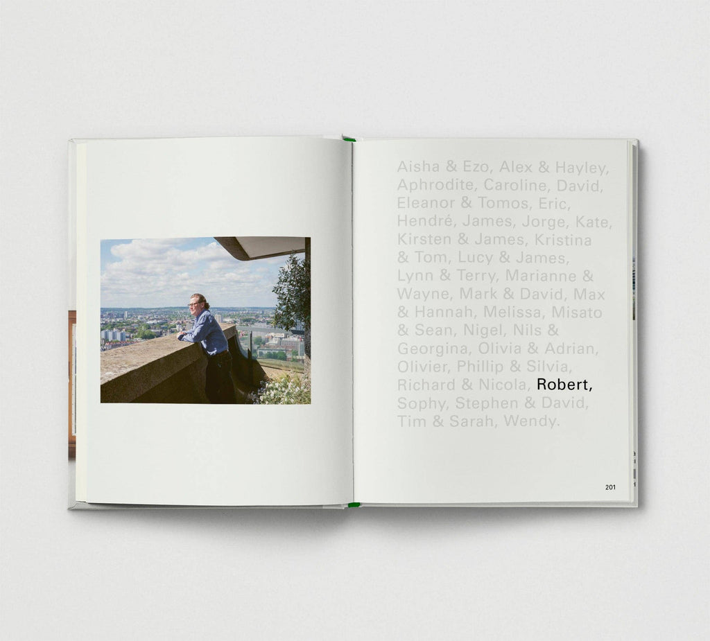 Open book with a photo of a person on a balcony and a list of names on a white background