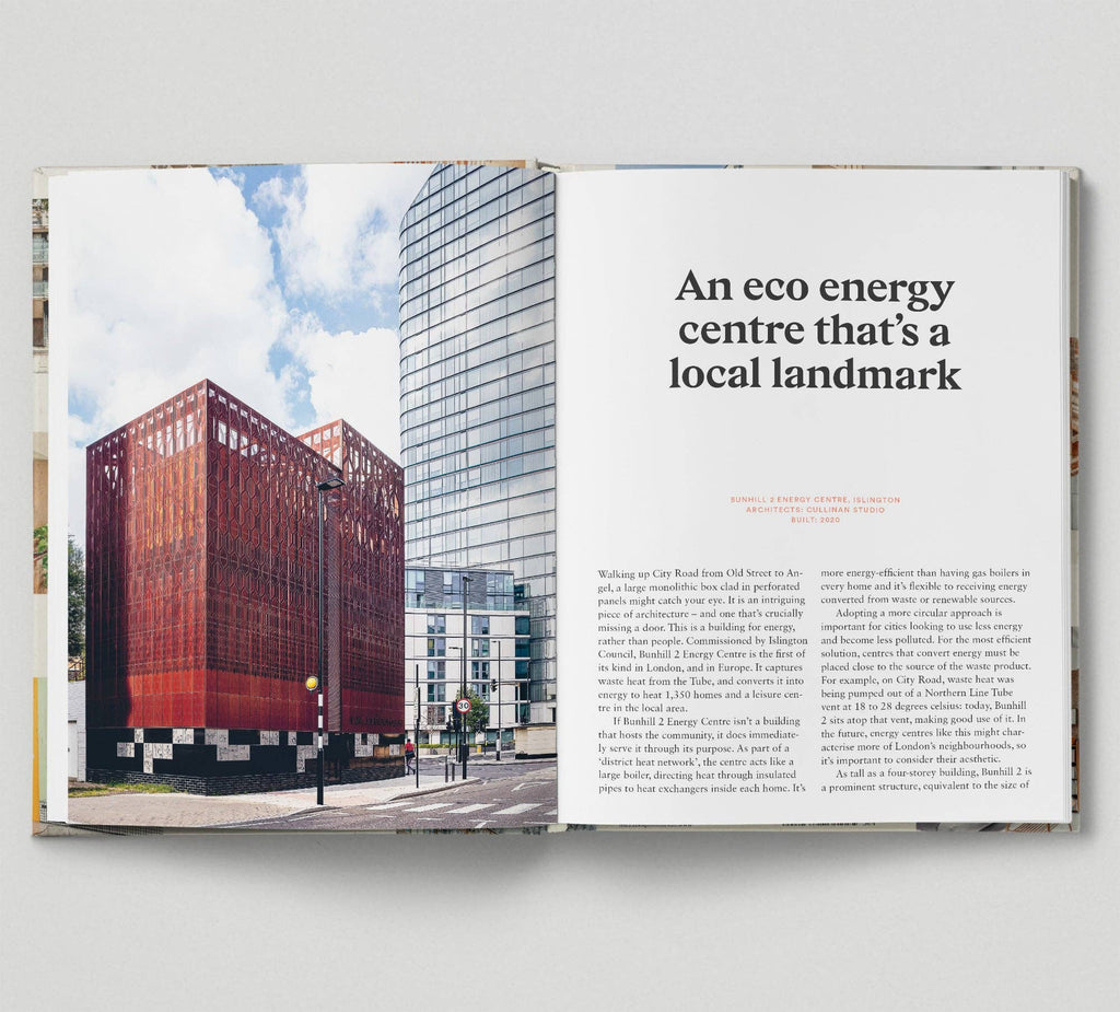 Open book showing images of modern buildings with text about an eco-energy center.