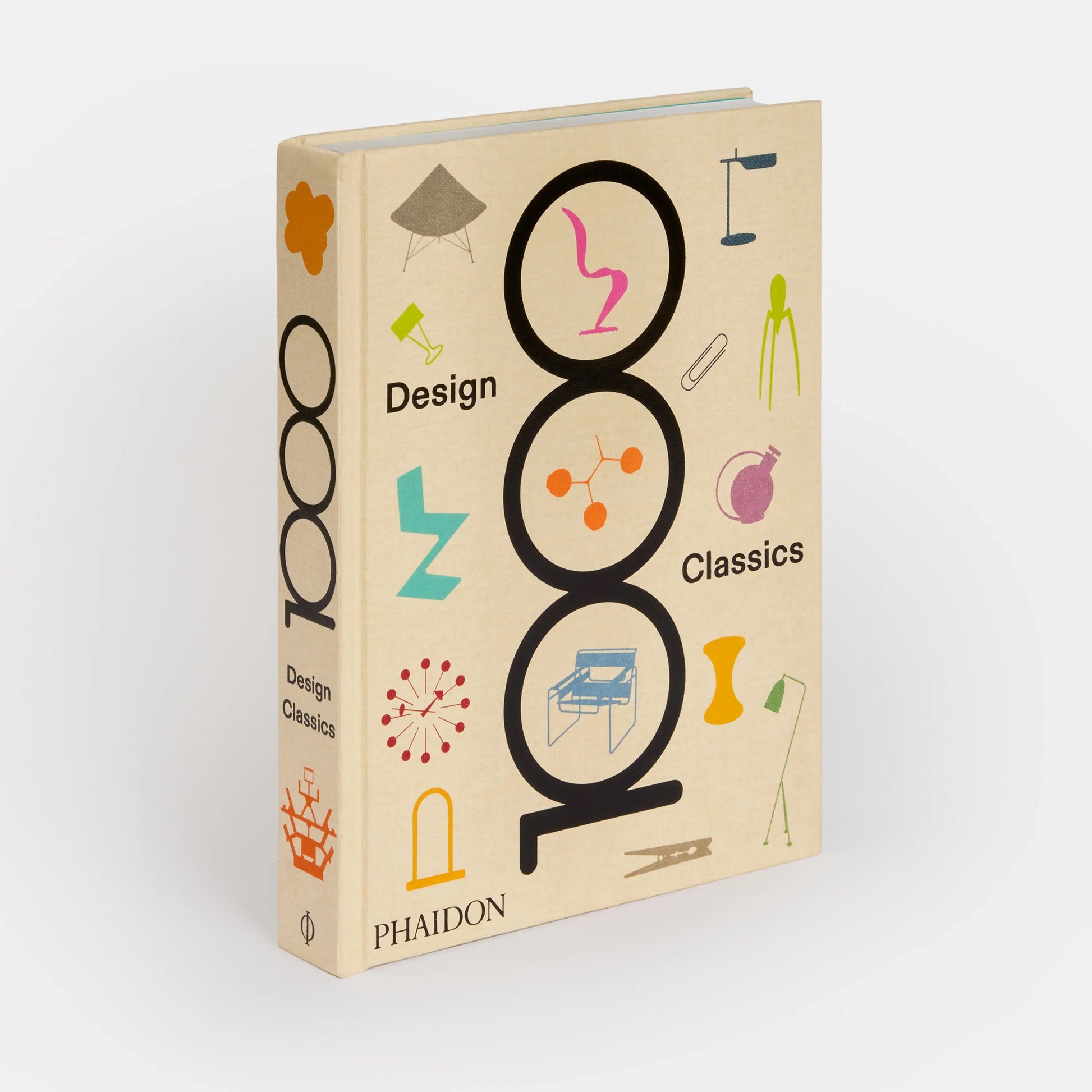 Book titled '1000 Design Classics' by Phaidon on a white background
