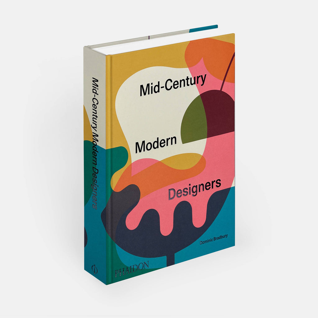 Book titled 'Mid-Century Modern Designers' with colorful abstract design on a white background