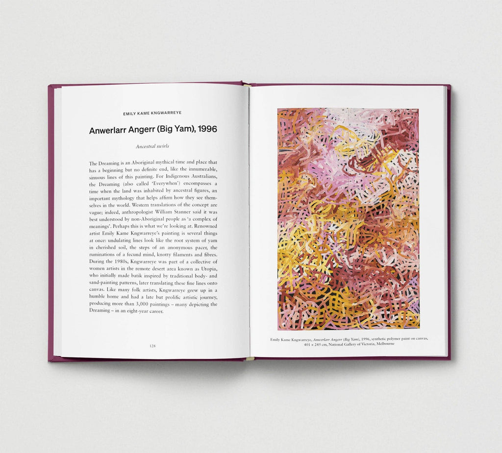 Open book with text and an abstract art illustration on a white background