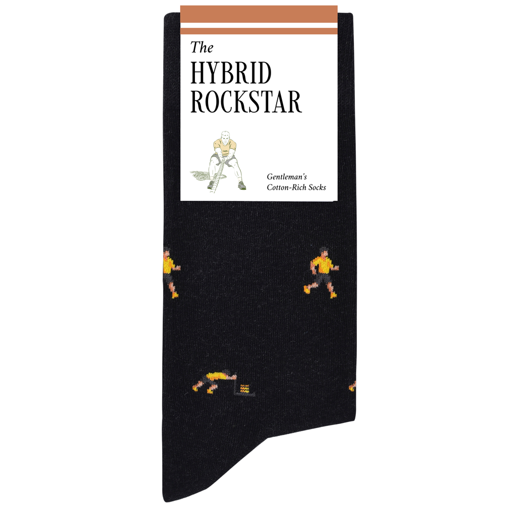 Black sock with cartoon character pattern and 'The Hybrid Rockstar' packaging on a white background