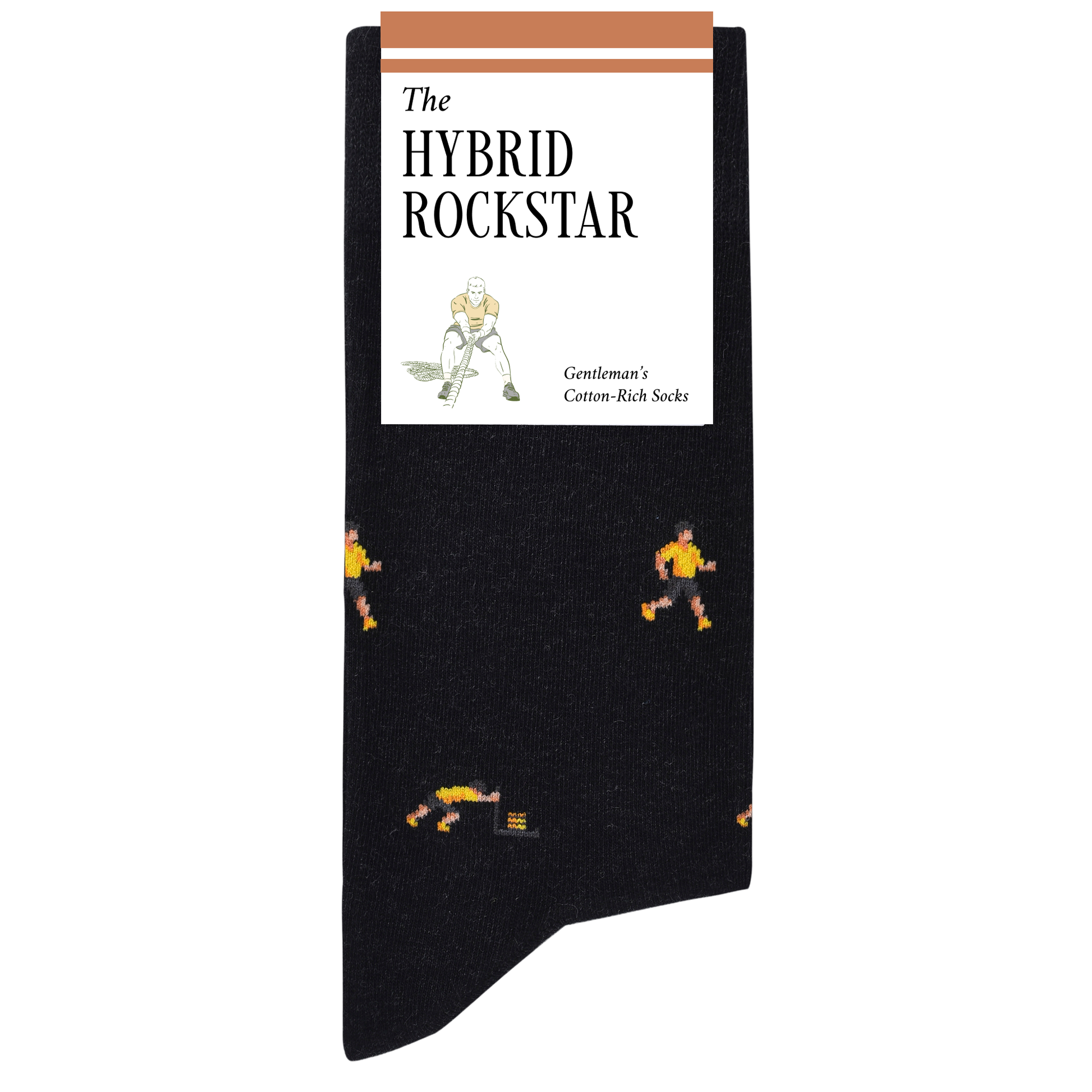Black sock with cartoon character pattern and 'The Hybrid Rockstar' packaging on a white background