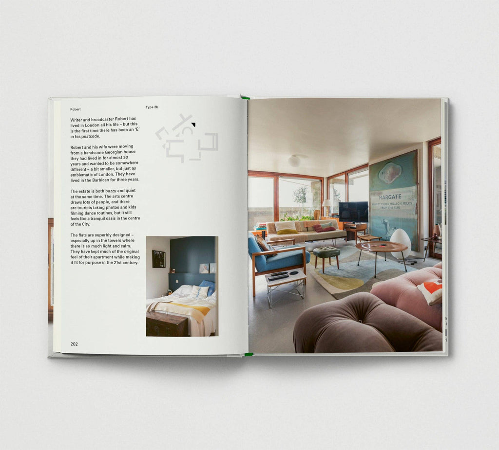 Open book showing a modern living room and bedroom interior design.