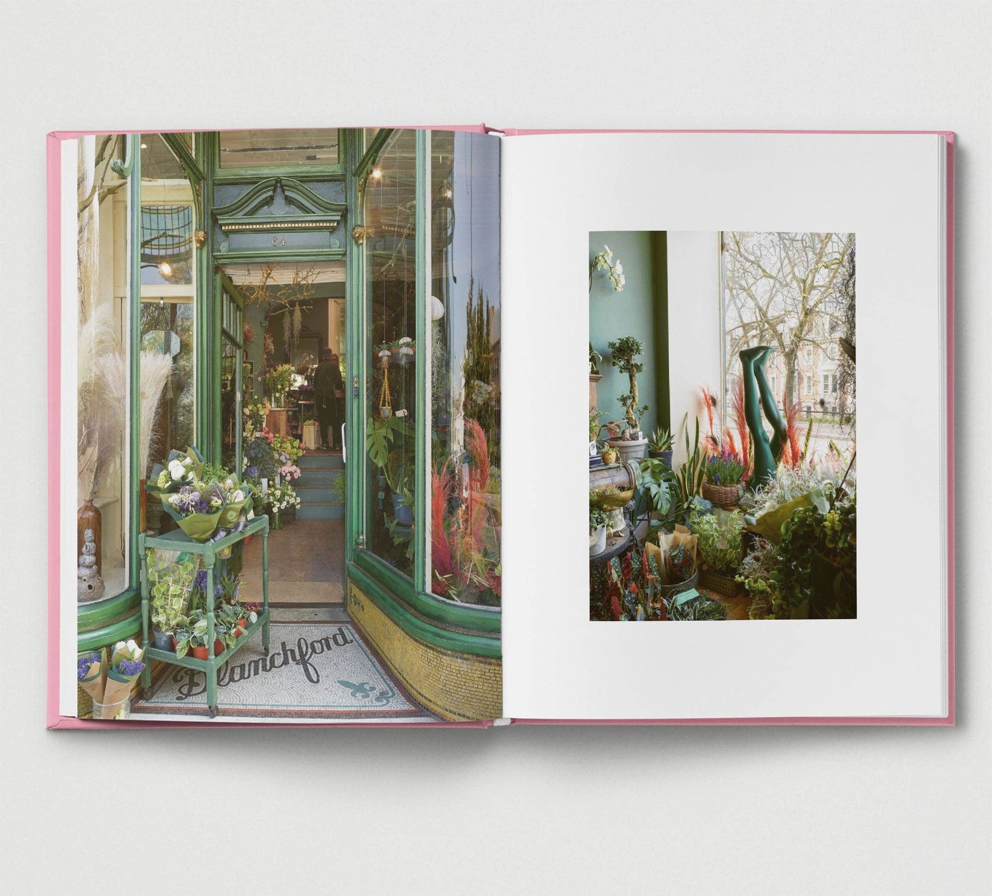 Open book showing images of a flower shop with greenery and flowers.