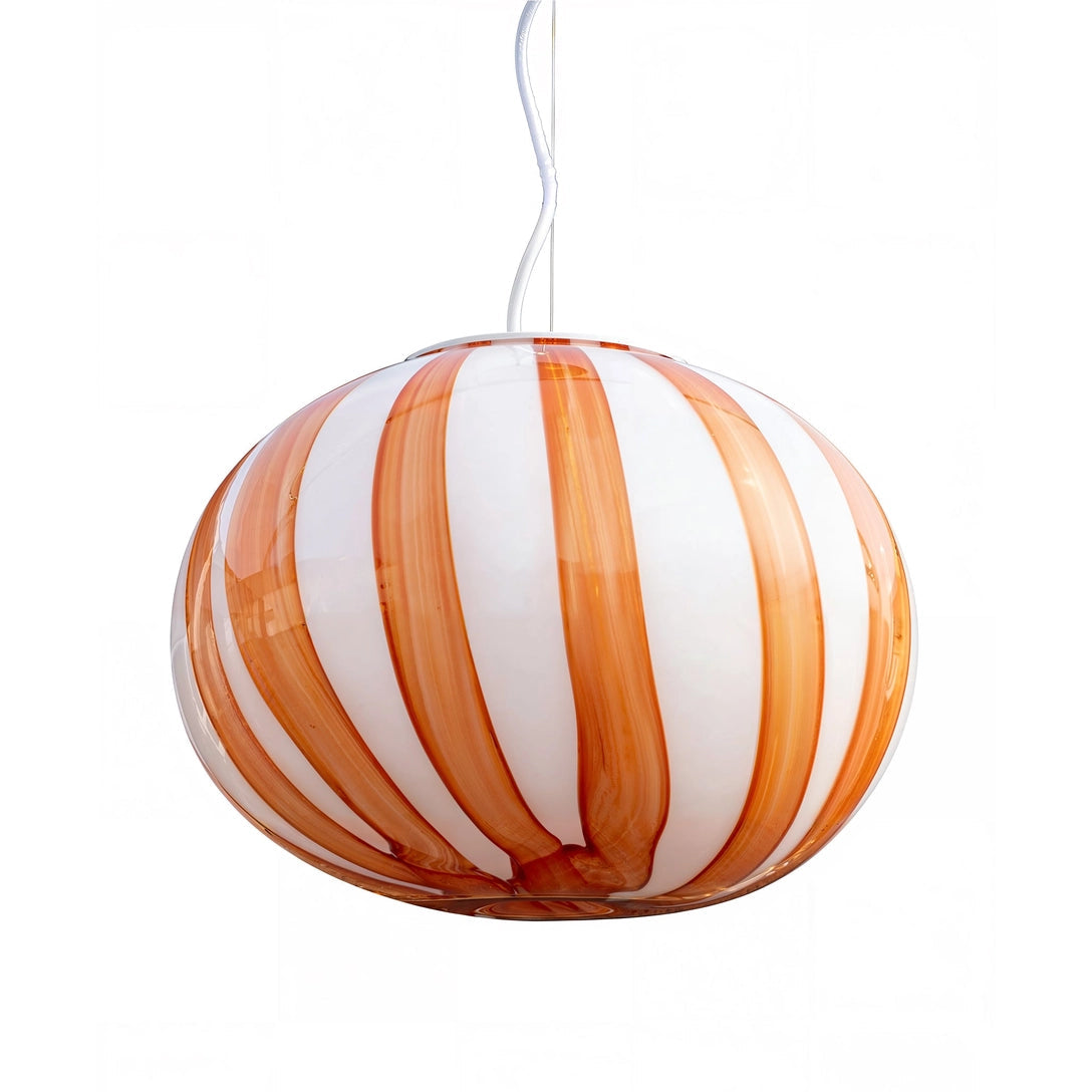Striped orange and white spherical hanging lamp on a white background