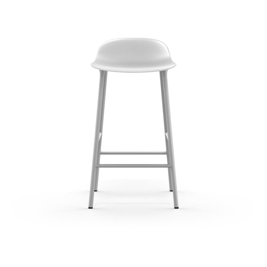 White bar stool with a gray metal base on a white background