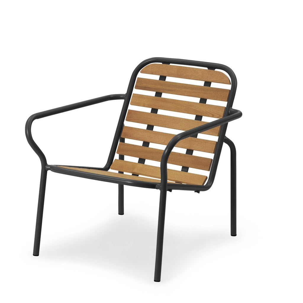 Chair with wooden slats and black metal frame on a white background