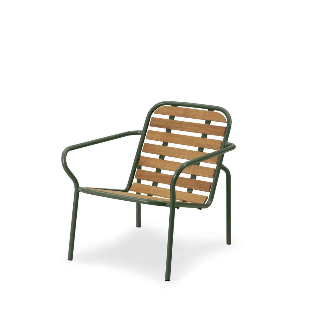 Chair with wooden slats and green metal frame on a white background