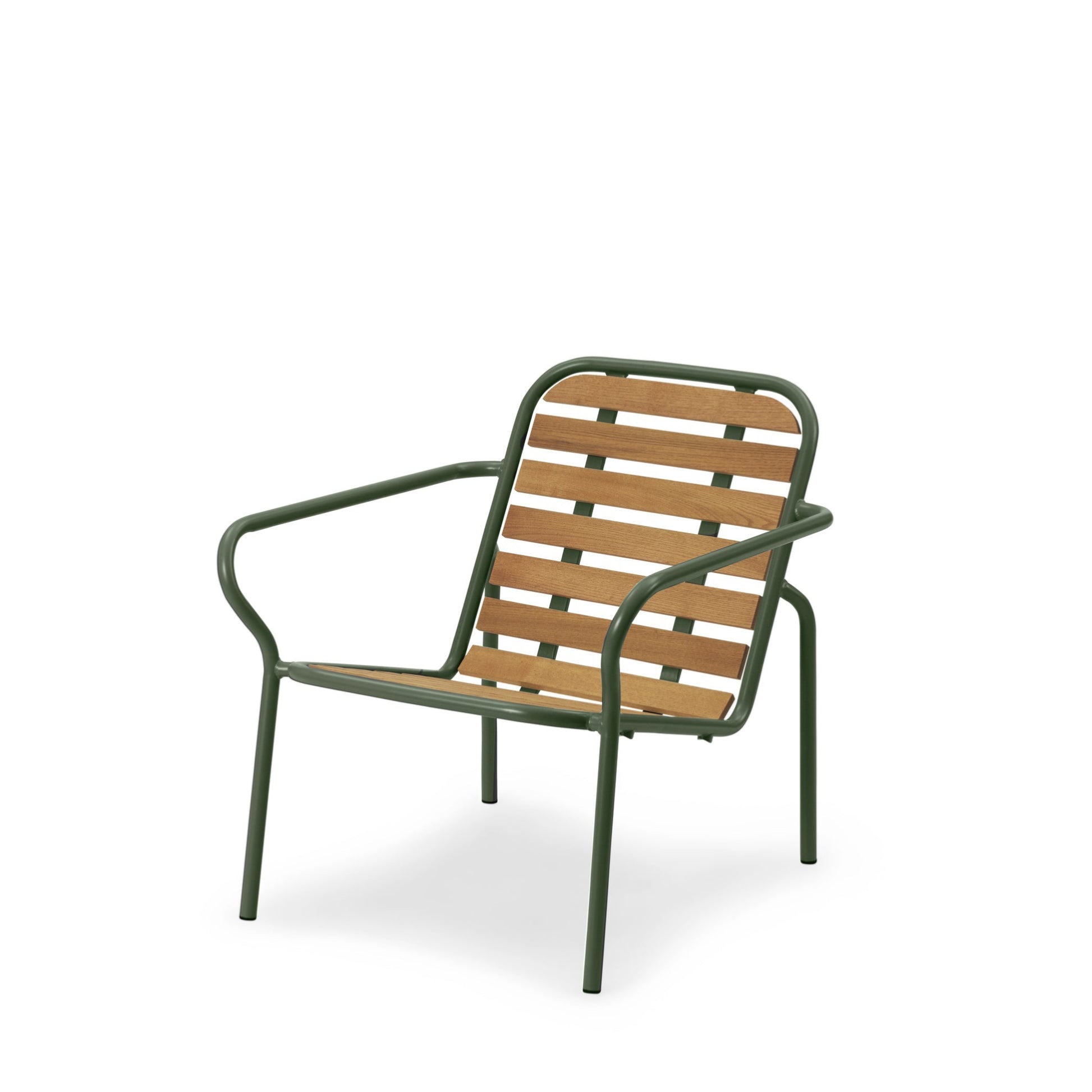Chair with wooden slats and green metal frame on a white background