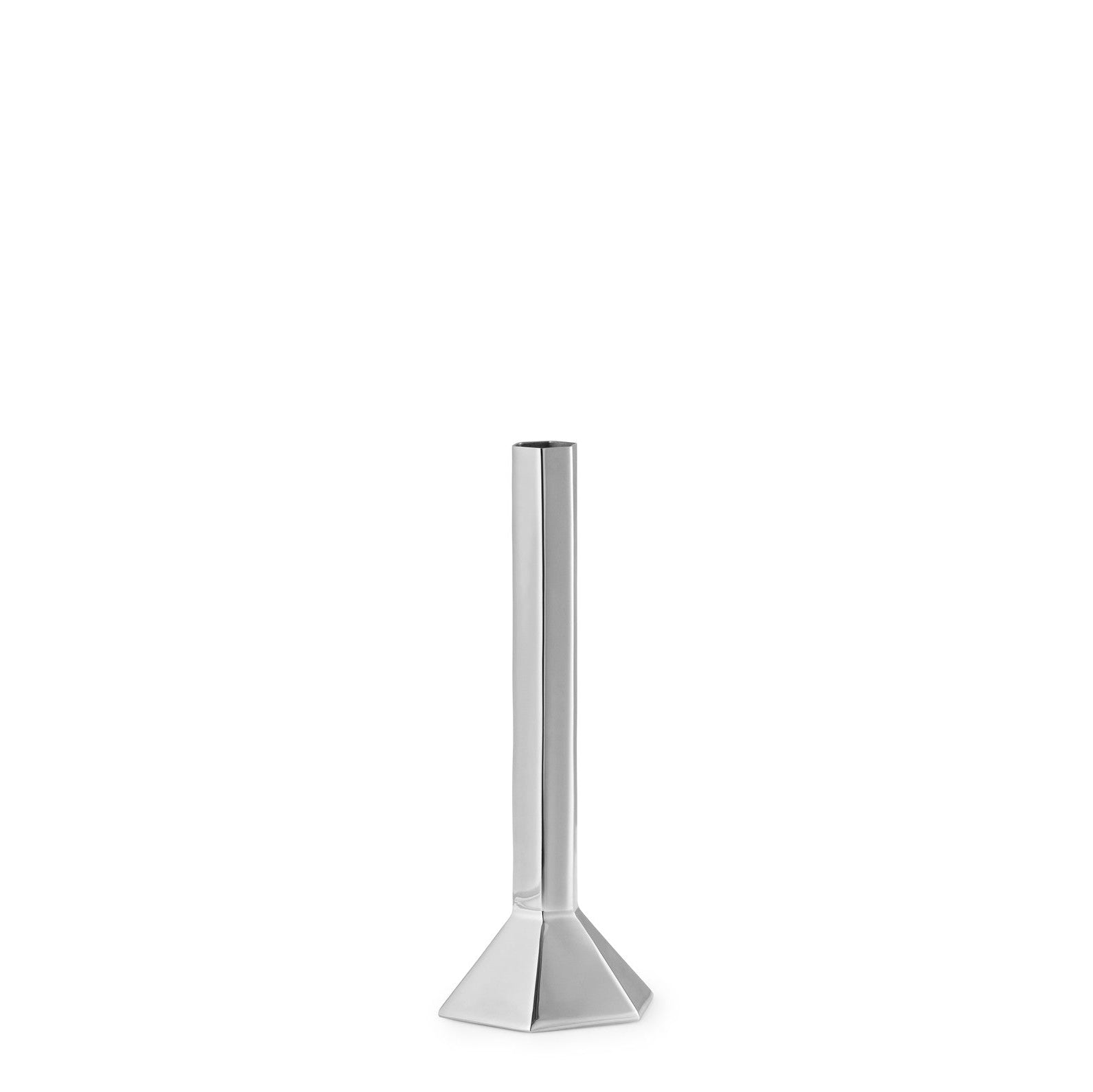 Mirrored stainless steel single stem vase for a white background