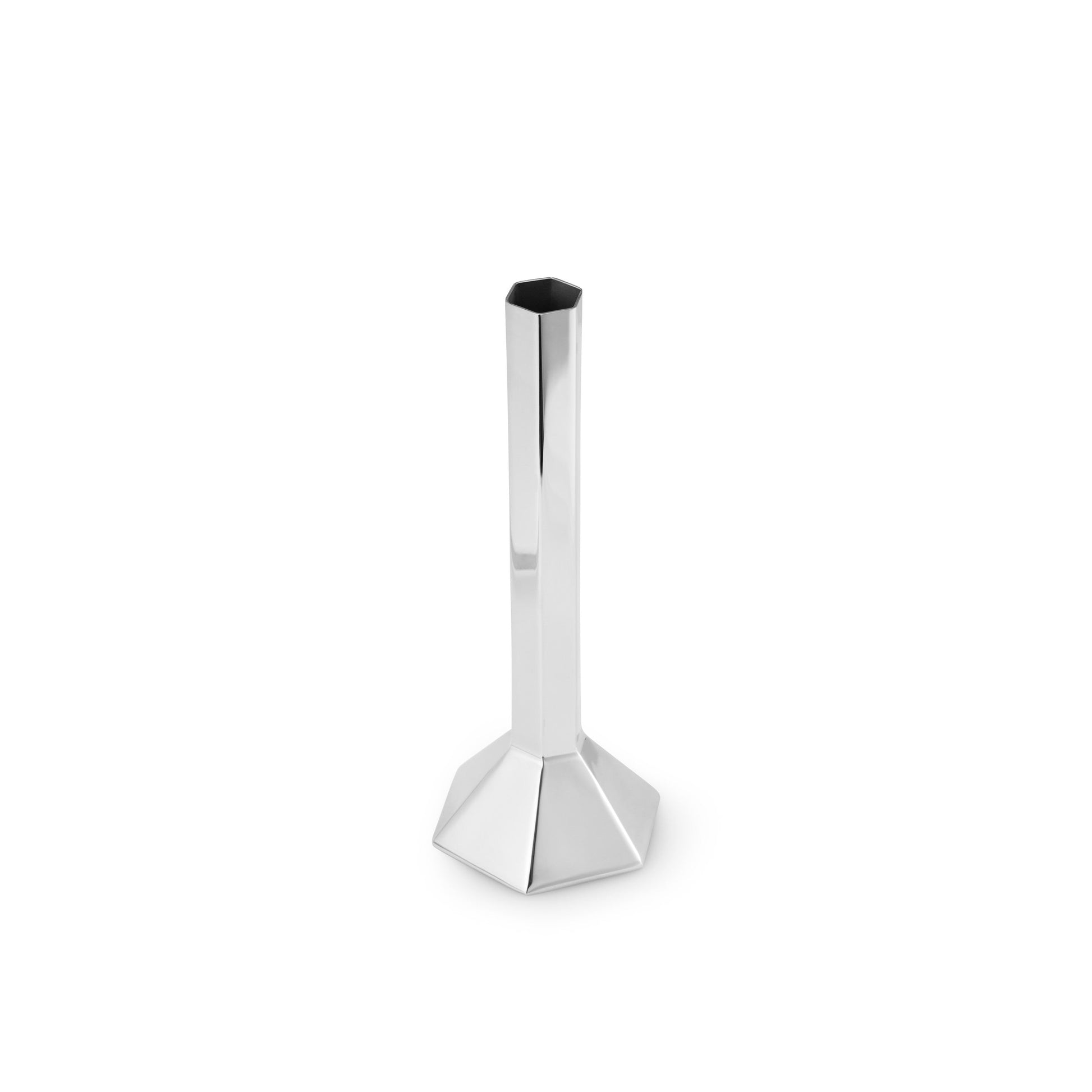 Mirrored stainless steel single stem vase on a white background