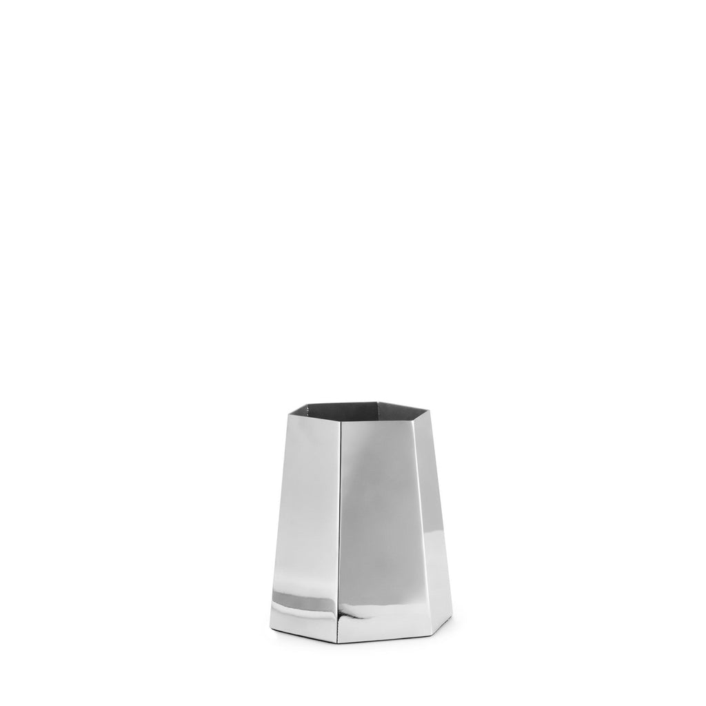 A small mirrored stainless steel hexagonal container or vase with a faceted geometric design, shown on a plain white background.
