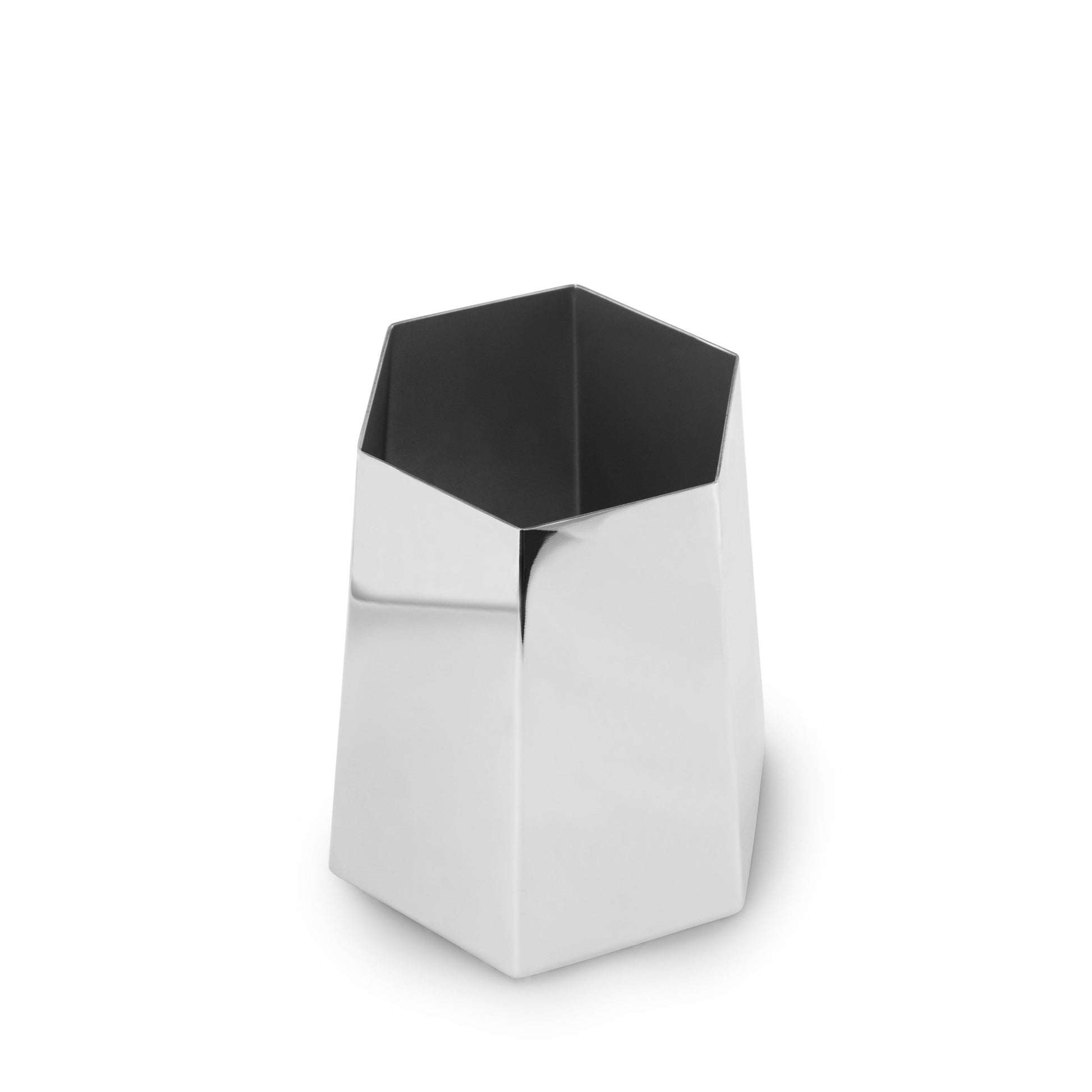 A modern hexagonal stainless steel container with a reflective silver exterior and a black interior, shown on a plain white background.