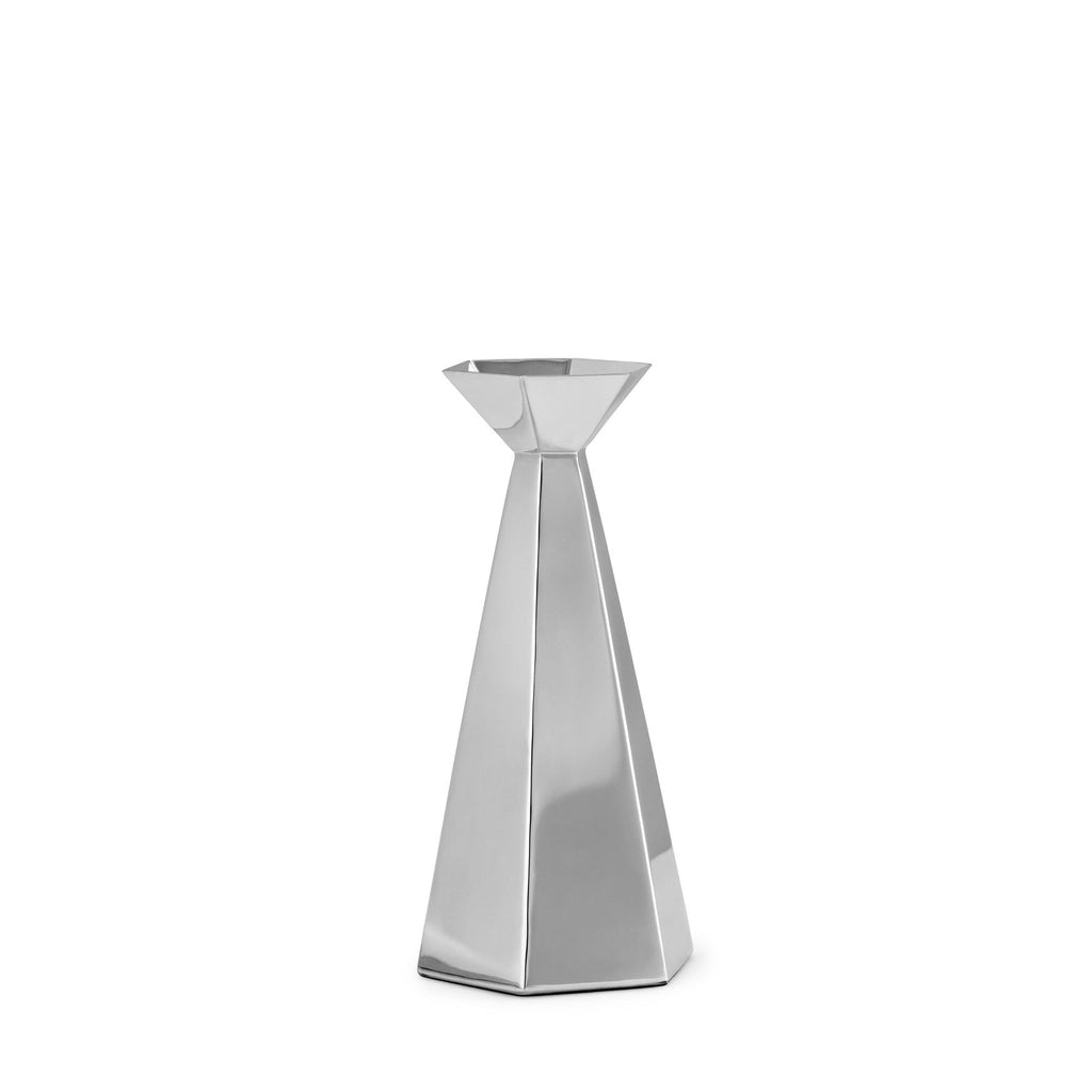 A modern, geometric mirrored stainless steel metal vase with a faceted, cone-like design and a flared top, shown on a plain white background.