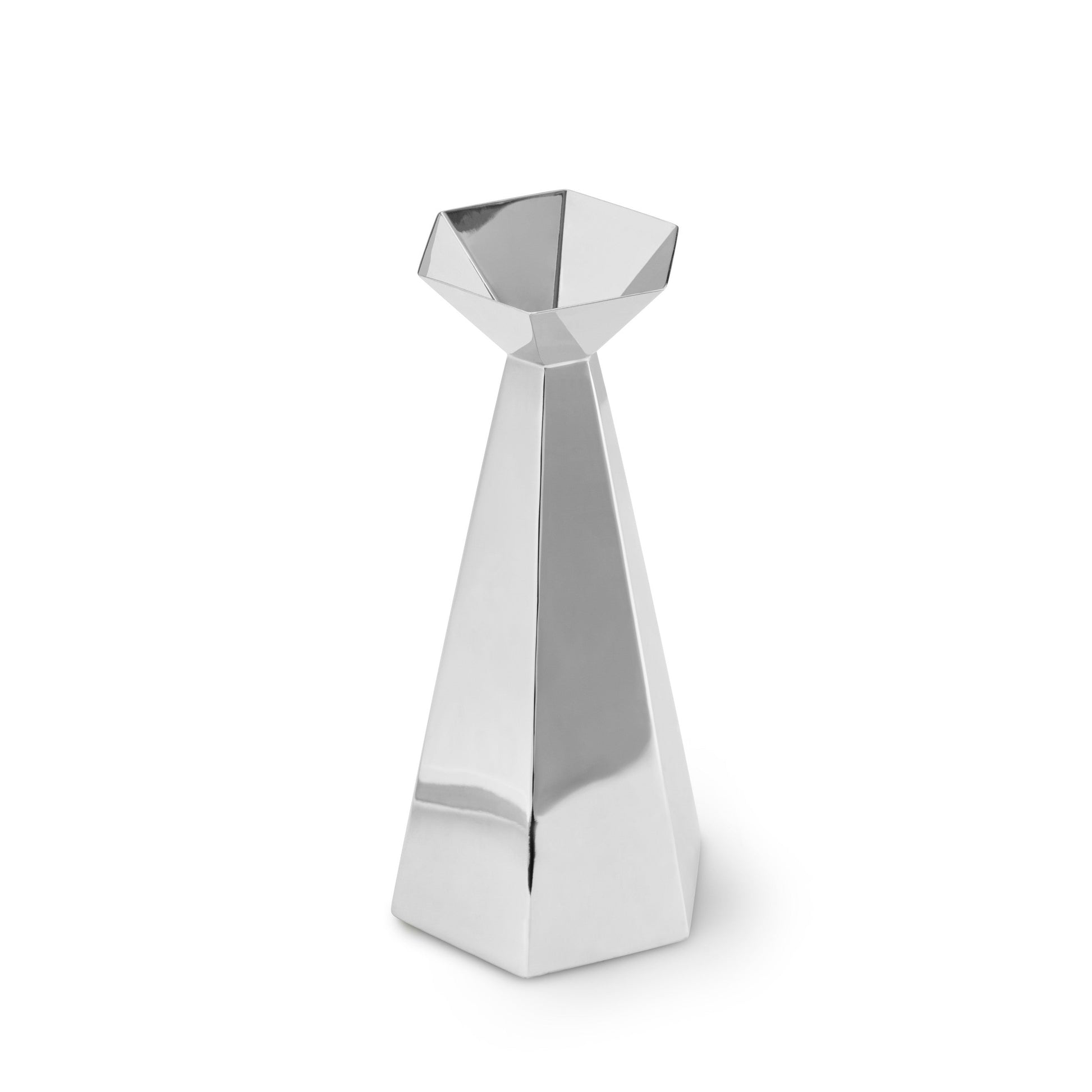 A modern, geometric silver metal vase with a faceted, diamond-like top and a tapered base, shown on a clean white background.