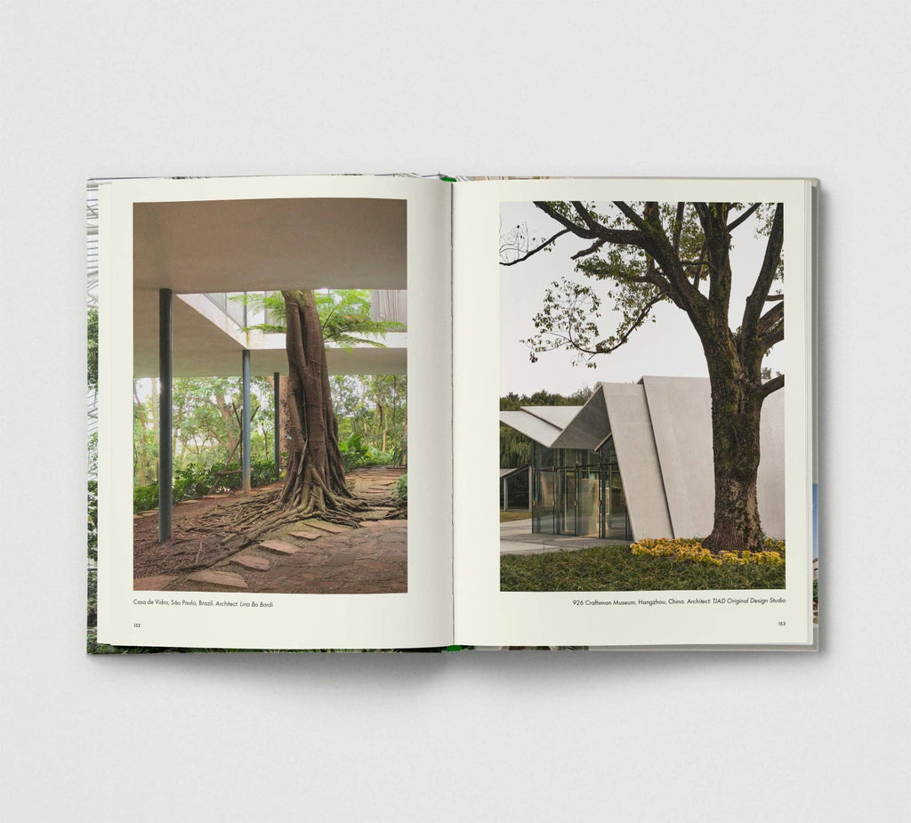 Open book showing two architectural photographs with trees and modern buildings.