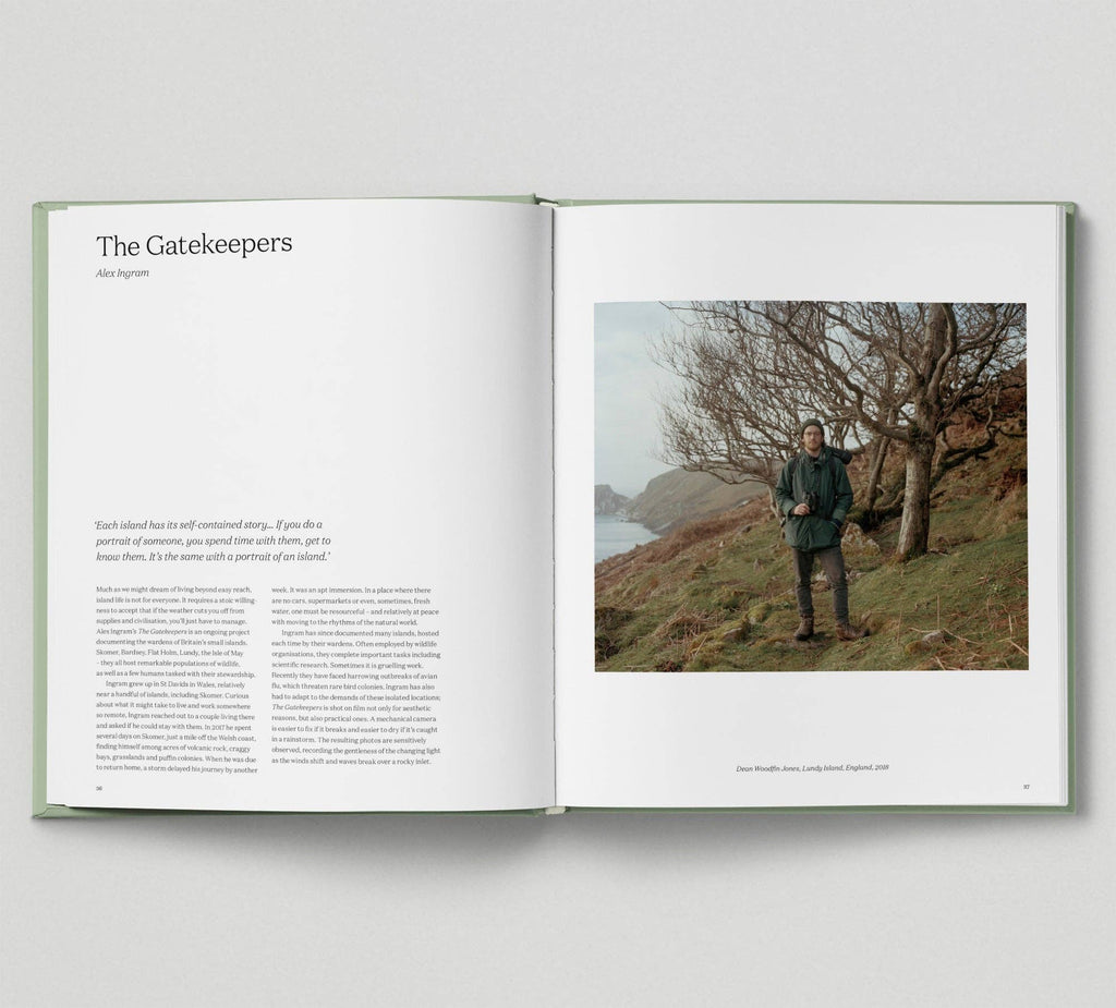 Open book showing a page with text and an image of a person standing on a hillside.