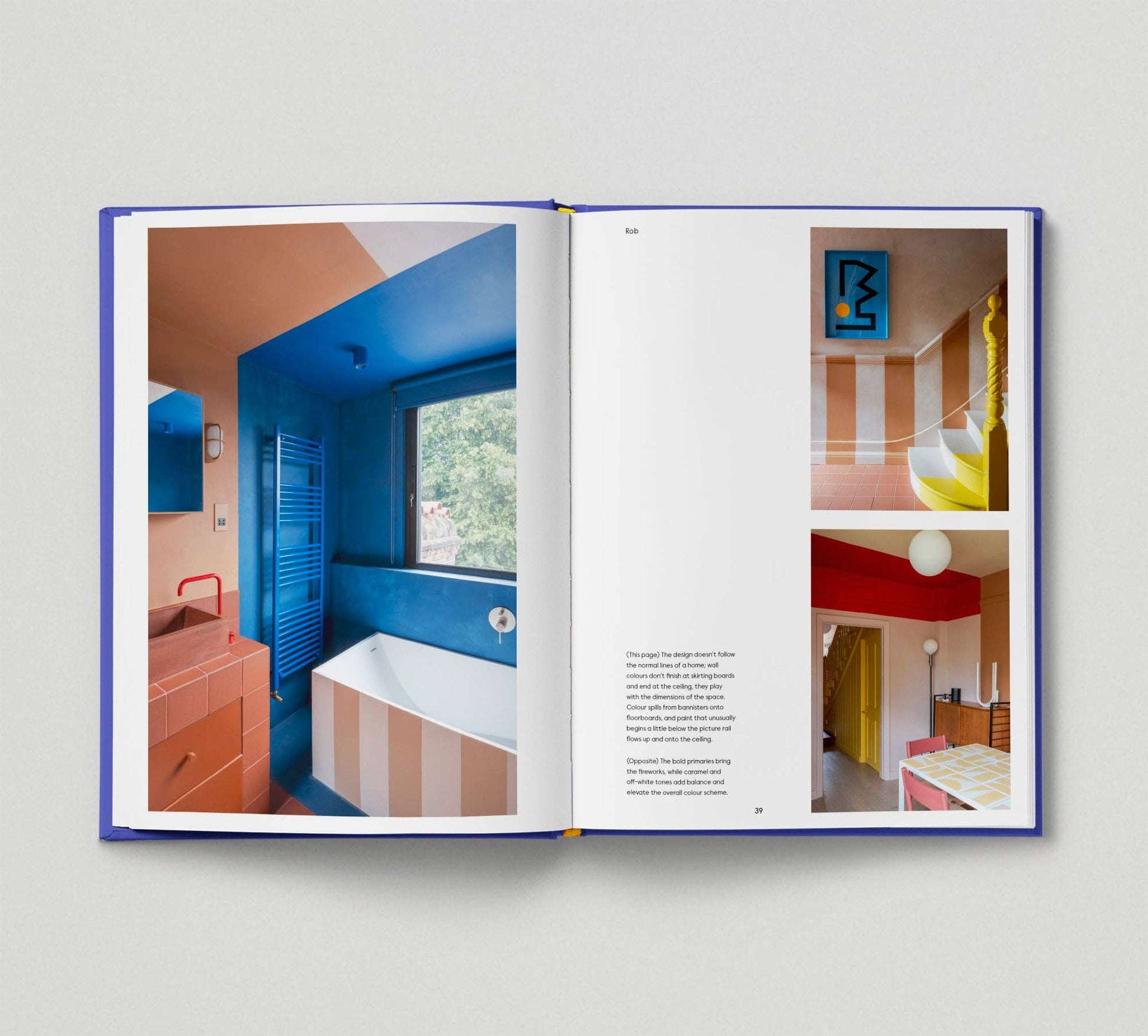 Open book showing interior design images with a blue border