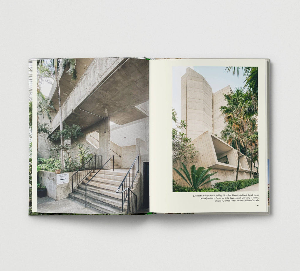 Open book showing architectural images of a building with concrete structure and greenery.
